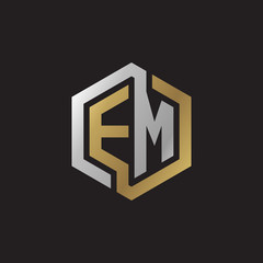 Initial letter EM, looping line, hexagon shape logo, silver gold color on black background