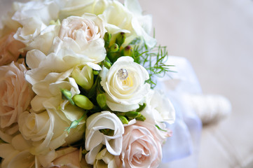 Beautiful wedding bouquet of white and pink roses.
