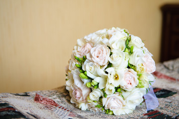 Beautiful wedding bouquet of white and pink roses.