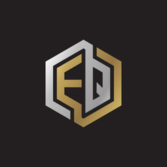 Initial letter EQ, looping line, hexagon shape logo, silver gold color on black background