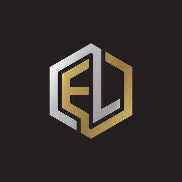 Initial letter EL, looping line, hexagon shape logo, silver gold color on black background