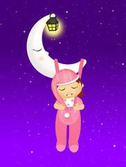 little girl sleeping on the moon