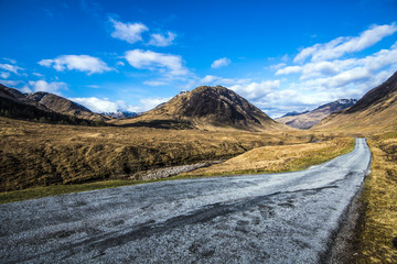 The road through Glen Etive in the Highlands of Scotland