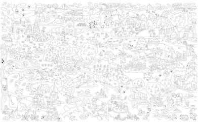 Summer in the village. Coloring. poster of a large size. Wimmelbuch. Black and white image. Out-of-town life, a summer residence, a garden, gardening, housekeeping, a farm, a hike, pastime.