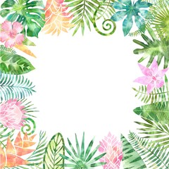 Fototapeta na wymiar Watercolor green tropical plants frame, place for your text. White background isolated. Wedding invitation, card design