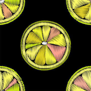 Seamless pattern with slices of lime or orange in embroidery stitches style on black background, sketch line drawing