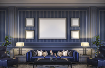 Contemporary interior in blue tones with a sofa and striped wallpaper. 3d rendering