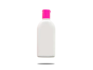 single white plastic bottle with blank label with pink lid and shadow isolated on white background. package photo shot in studio with clipping path