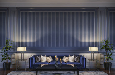 Contemporary interior in blue tones with a sofa and striped wallpaper. 3d rendering