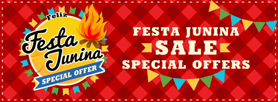 Festa junina sale poster. Beautiful vector background with fireworks and with a garland from flags and confetti for advertising. Vector illustration.