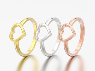 3D illustration three gold and silver engagement wedding heart rings