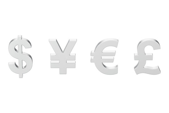 3D illustration isolated silver yen dollar euro pound money