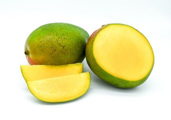 mango isolated on white background, mango slices and mango fruit, whole mango fruit, healthy food