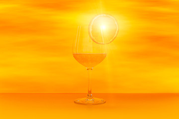 sparkling drink with an orange slice in a summer sunset background