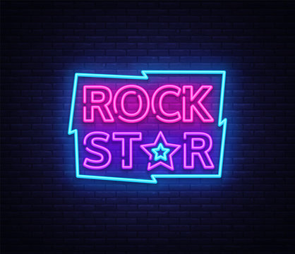 Rock Star Neon Sign Vector Illustration. Design Template Neon Signboard On Rock Music, Light Banner, Bright Night Advertising. Vector