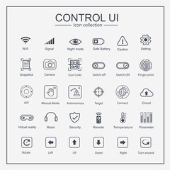 Control UI Icon collection set, joy, arrow, signal, mode, switch user interface button. Flat outline design.