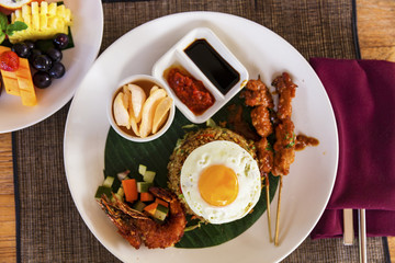 Balinese breakfast with prawns, egg, nasi goreng