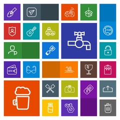 Modern, simple, colorful vector icon set with utensil, oar, alcohol, faucet, summer, kitchen, recycling, equipment, sink, people, drink, account, security, computer, person, internet, paddle icons