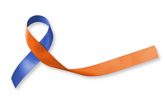 Human Rights For Family Caregivers Awareness In Orange Navy Blue Color Fabric Ribbon Isolated On White Background (clipping Path)