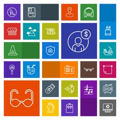 Modern, simple, colorful vector icon set with glasses, stick, airplane, frame, radio, sun, house, sunglasses, money, office, music, sound, wireless, marine, finance, antenna, note, war, protect icons