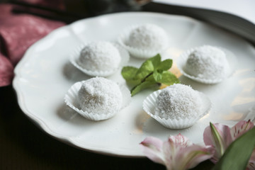 Asian coconut dessert with bean paste stuffing