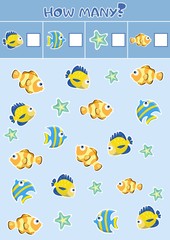 Counting children's educational games, children's sheet. How many objects task, marine life, sea theme. vector illustration.