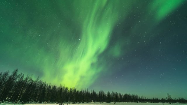 Time lapse of Aurora Borealis (Northern Lights) over forest in Pallas-Yllästunturi National Park, Lapland, Finland