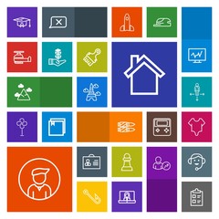 Modern, simple, colorful vector icon set with technology, sky, blue, school, bullet, college, university, strategy, internet, home, mark, telephone, horse, female, model, military, man, tick icons