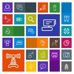 Modern, simple, colorful vector icon set with cash, liquid, lantern, chart, team, online, lamp, presentation, vintage, control, service, aerial, kerosene, station, business, drone, map, pin, tv icons