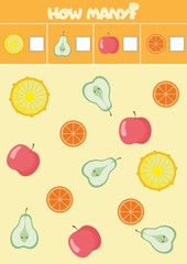 Educational counting game for preschool children with a variety of fruits. vector illustration. 