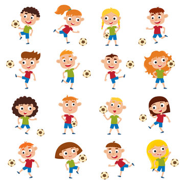 Vector illustration of girls and boys playing football.