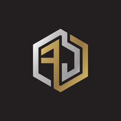 Initial letter FJ, looping line, hexagon shape logo, silver gold color on black background