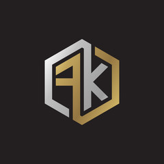 Initial letter FK, looping line, hexagon shape logo, silver gold color on black background