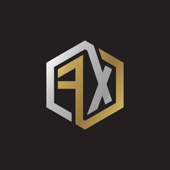 Initial letter FX, looping line, hexagon shape logo, silver gold color on black background