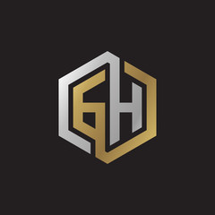 Initial letter GH, looping line, hexagon shape logo, silver gold color on black background