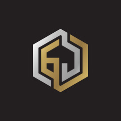 Initial letter GJ, looping line, hexagon shape logo, silver gold color on black background
