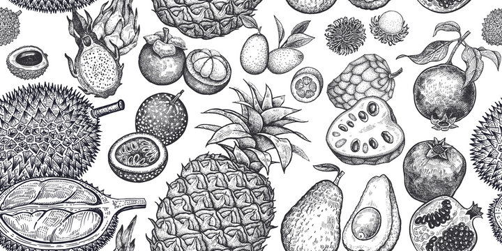 Seamless background with exotic fruits.