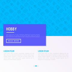Hobby concept with thin line icons: reading, gaming, gardening, photography, cooking, sewing, fishing, hiking, yoga, music, travelling, blogging, knitting. Vector illustration, print media template.