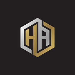 Initial letter HA, looping line, hexagon shape logo, silver gold color on black background