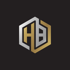 Initial letter HB, looping line, hexagon shape logo, silver gold color on black background