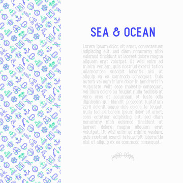 Sea and ocean journey concept with thin line icons: sailboat, fishing, ship, oysters, anchor, octopus, compass, steering wheel, snorkel, dolphin, sea turtle. Modern vector illustration
