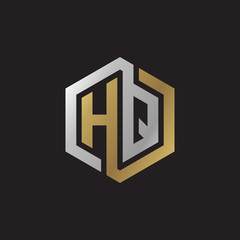 Initial letter HQ, looping line, hexagon shape logo, silver gold color on black background