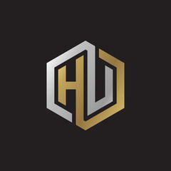 Initial letter HU, looping line, hexagon shape logo, silver gold color on black background