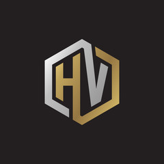 Initial letter HV, looping line, hexagon shape logo, silver gold color on black background