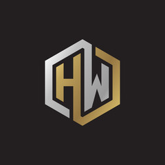 Initial letter HW, looping line, hexagon shape logo, silver gold color on black background