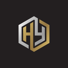 Initial letter HY, looping line, hexagon shape logo, silver gold color on black background