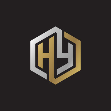Initial letter HY, looping line, hexagon shape logo, silver gold color on black background
