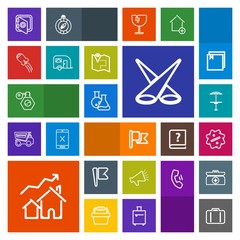 Modern, simple, colorful vector icon set with scene, equipment, laboratory, label, space, bottle, home, house, airport, pub, national, perfume, sale, loudspeaker, flag, beauty, spotlight, travel icons