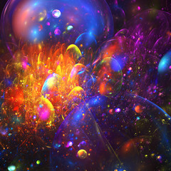 Abstract colorful glowing drops and sparkles on black background. Fantasy fractal texture in orange, blue and pink colors. Close-up view. Digital art. 3D rendering.