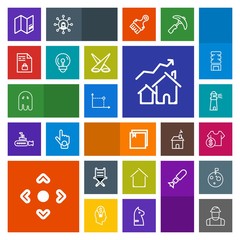 Modern, simple, colorful vector icon set with armchair, market, horror, shop, seat, water, building, notebook, builder, house, sign, cost, list, furniture, person, arrow, sale, real, button, sea icons